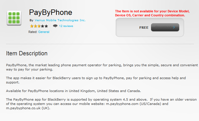 PayByPhone sur BlackBerry App World